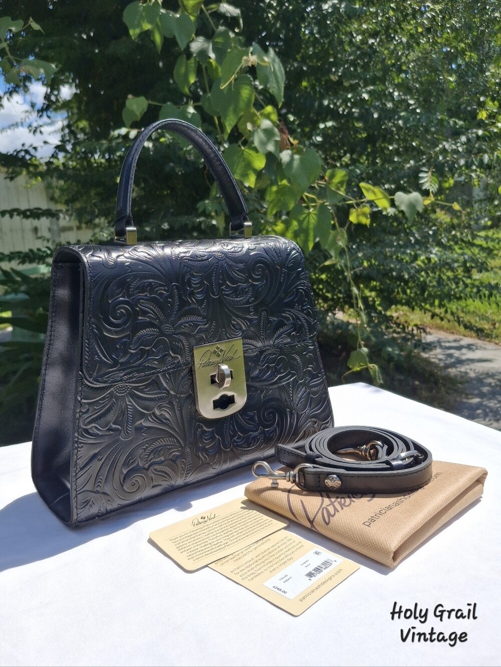 Patricia Nash Chauny Black Tooled Italian Leather Top Handle Satchel Bag